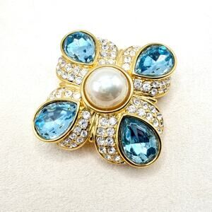 VTG Nolan Miller Signed Classic Gold Maltese Cross Couture Blue Crystal Brooch